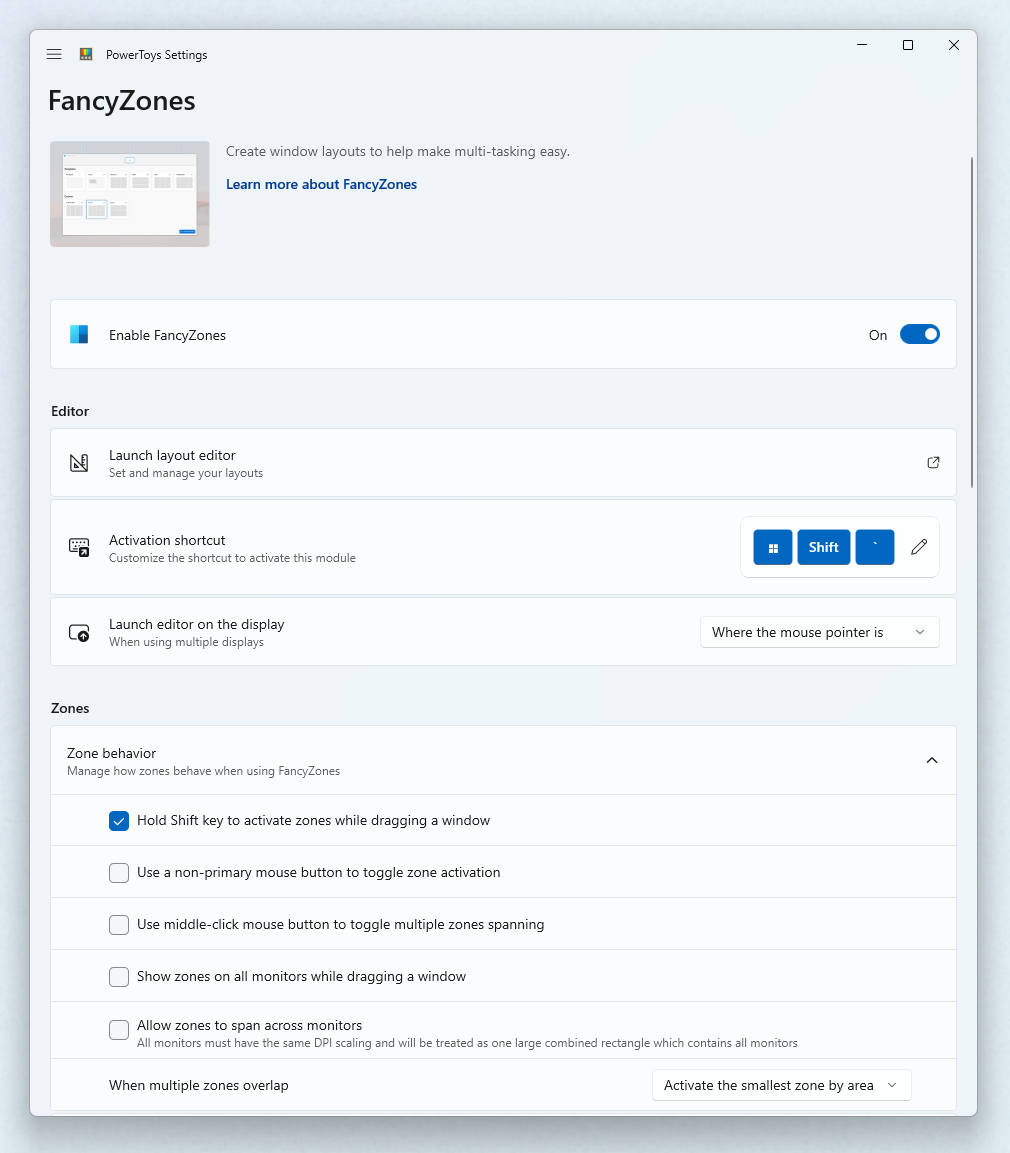 FancyZones 设置界面