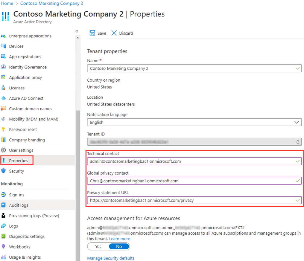 Screen image displaying tenant properties with the Technical contact, Global contact, and Privacy statement boxes highlighted