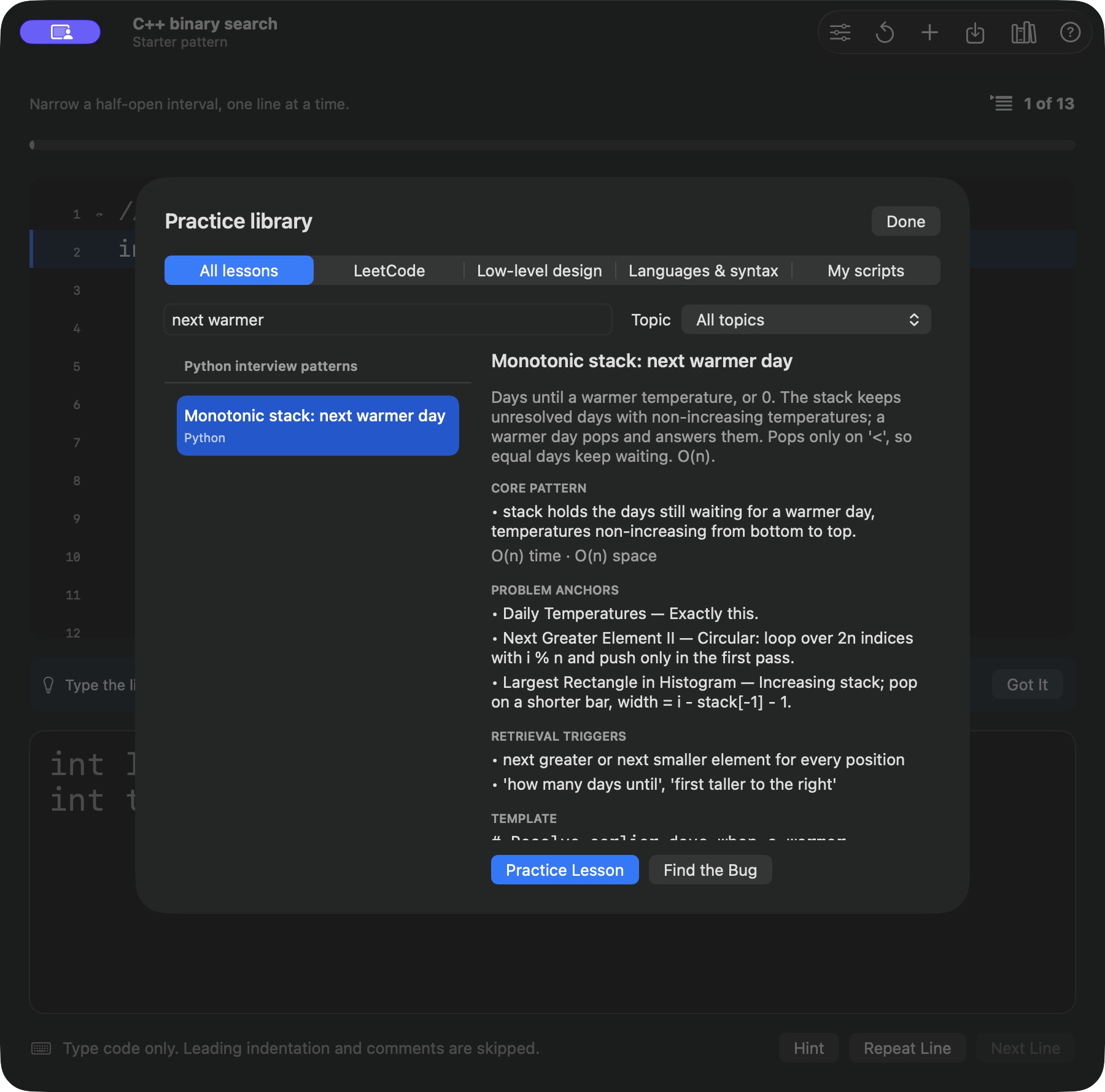 The lesson library with a sliding-window Python example, searchable topics, and a code preview