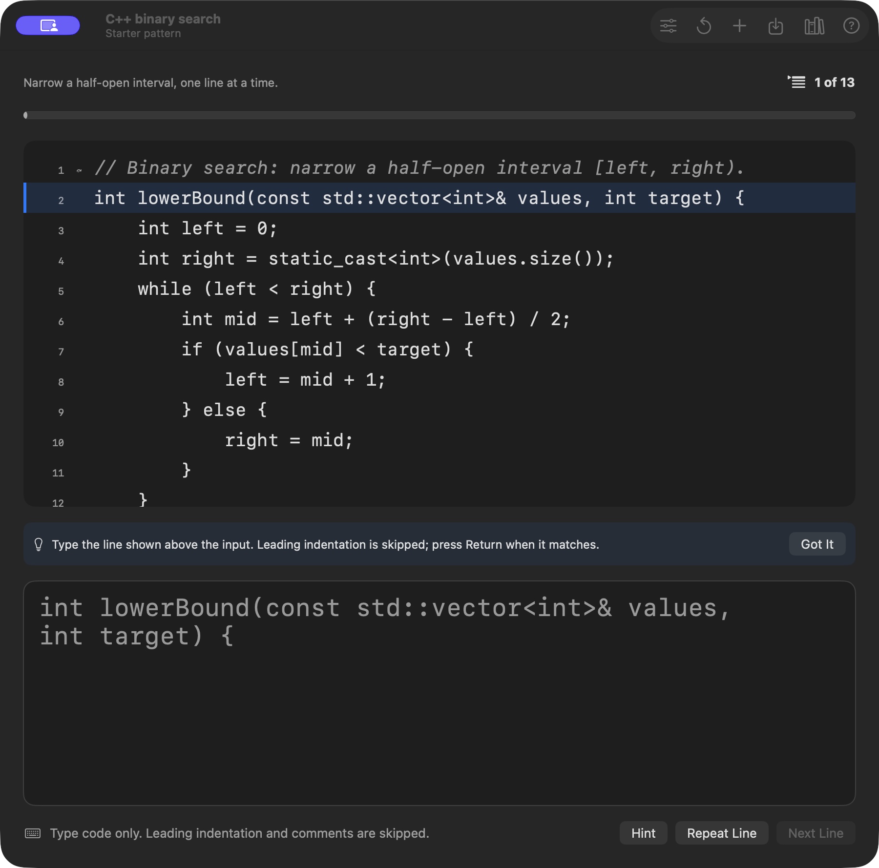 TypingPall practicing C++ binary search: the indented reference line is highlighted and matching input starts directly with int left = 0;