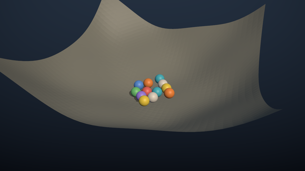 Balls rolling into a height field bowl
