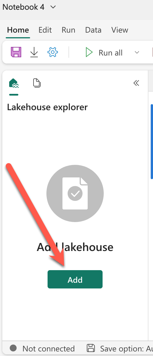 Screeshot of adding lakehouse to notebook