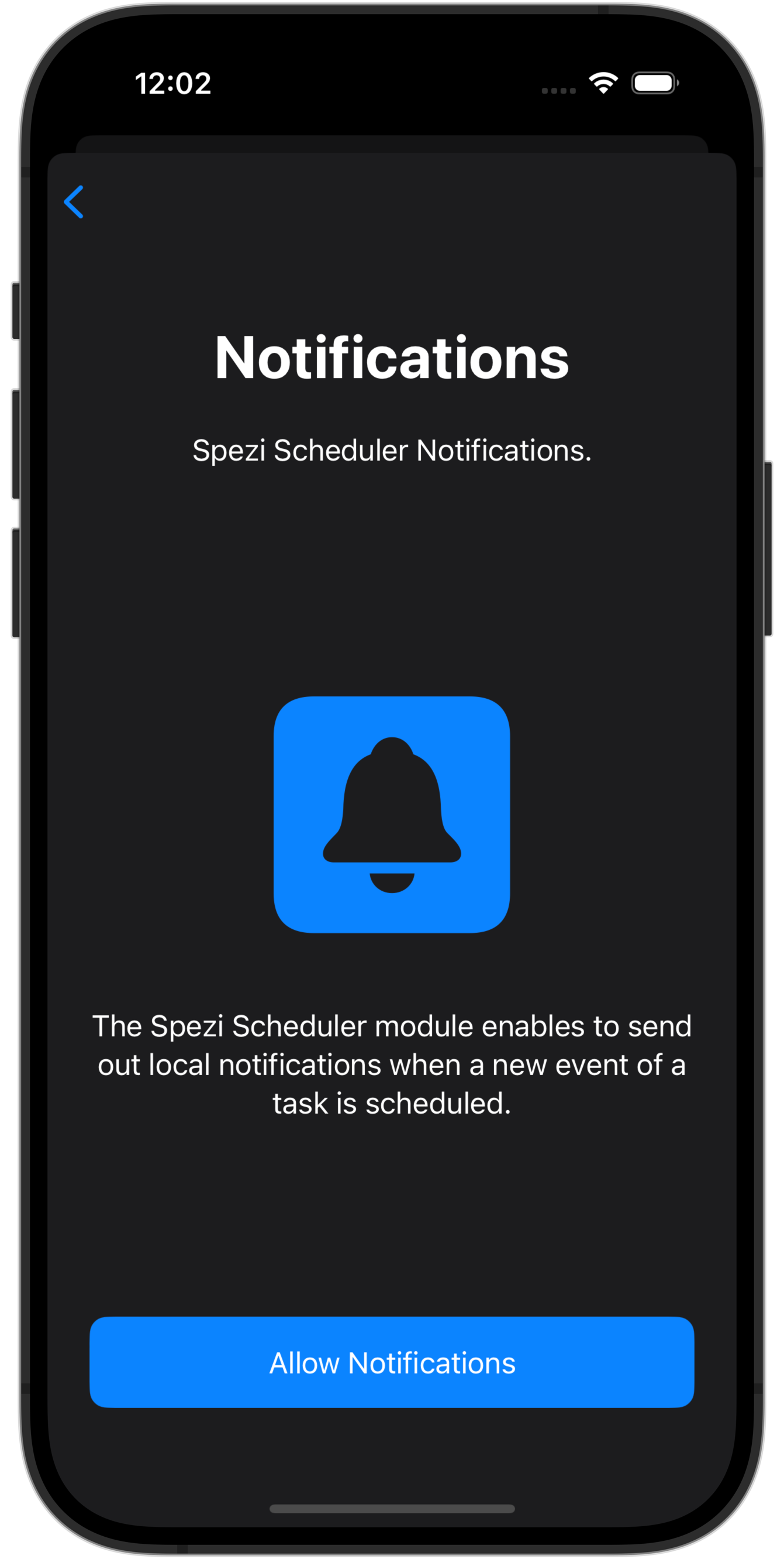 Onboarding screen showing the Notifications permission screen.