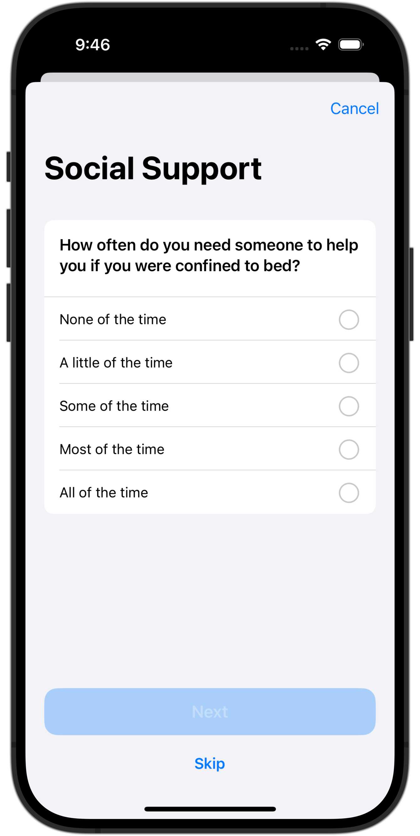 A screen showing a questionnaire using ResearchKit.