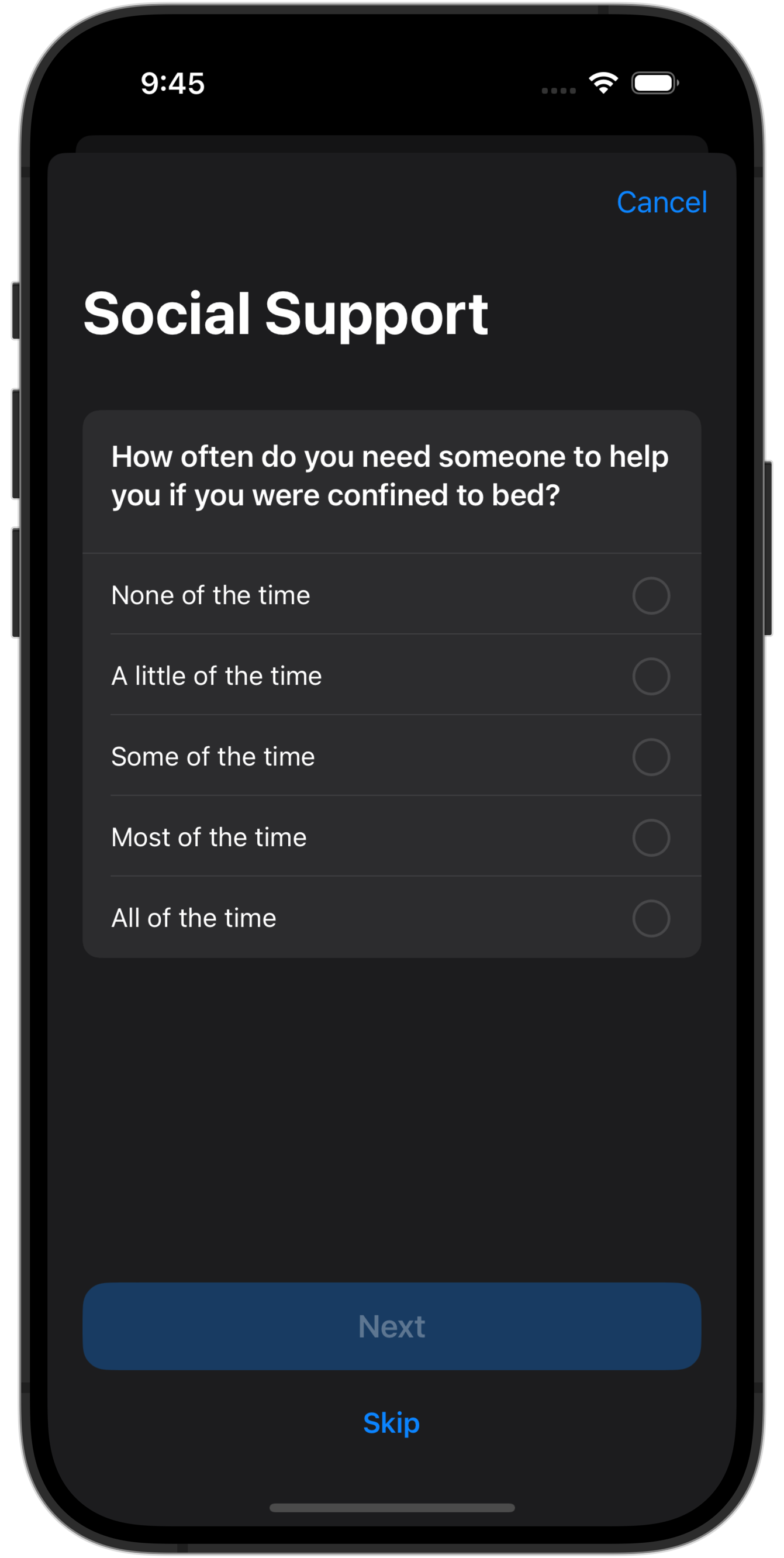 A screen showing a questionnaire using ResearchKit.