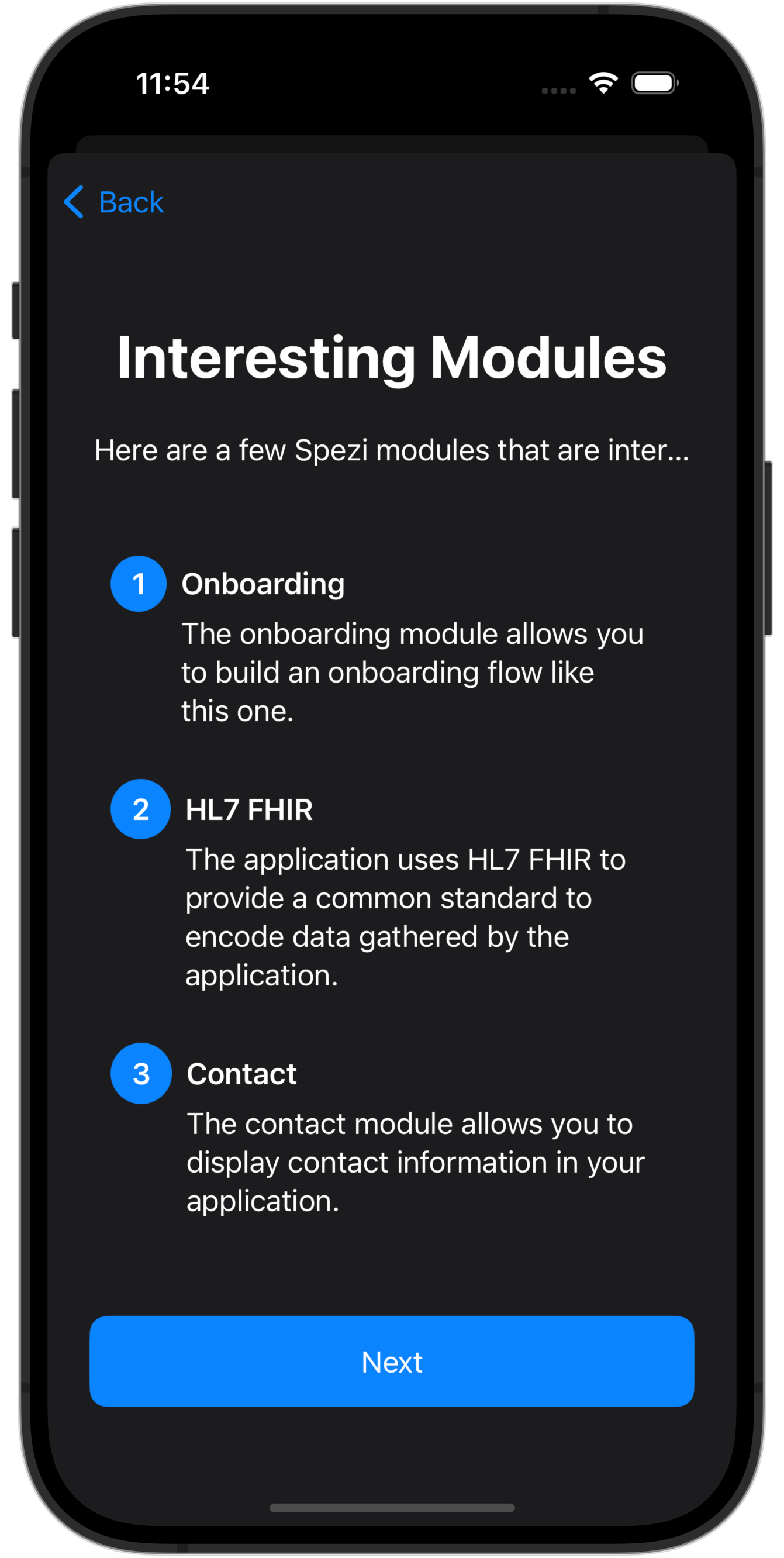 A screen showing an overview of the modules used in the Spezi Template Application.