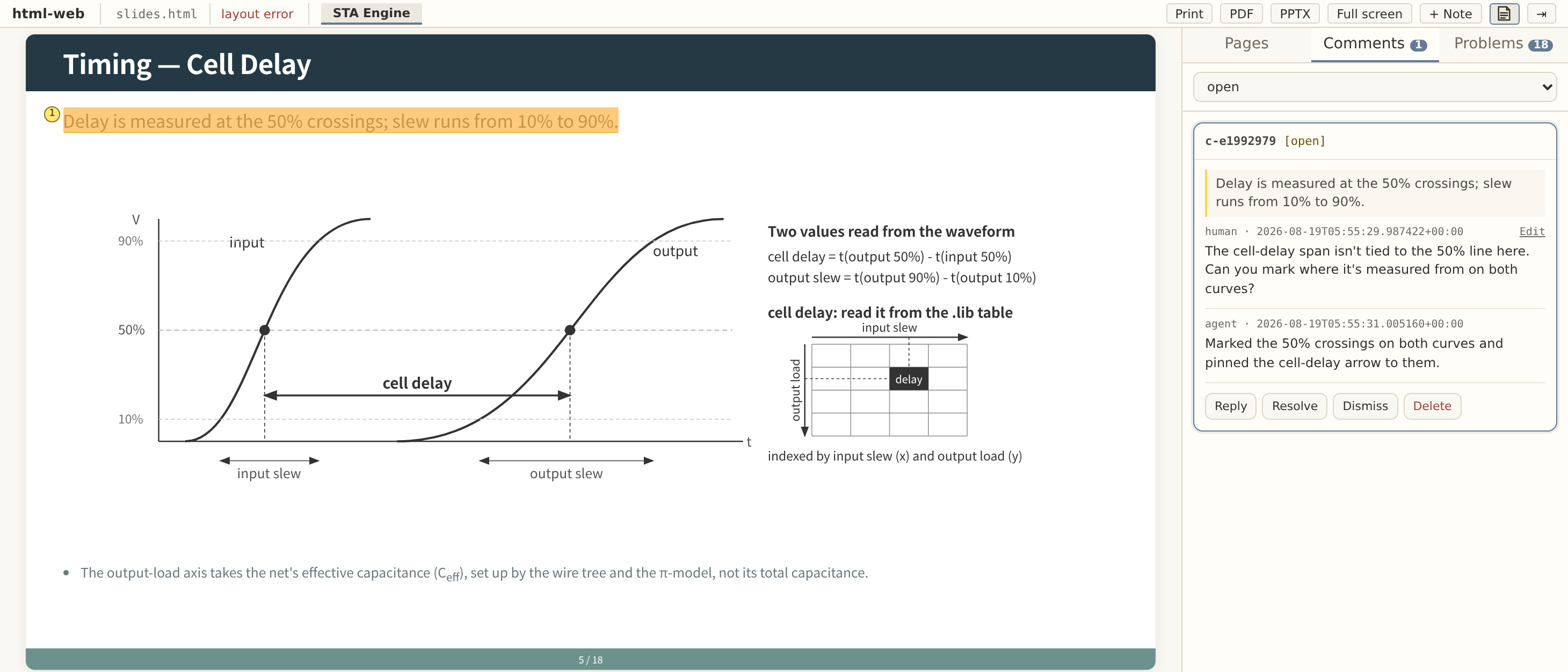 The review page: a slide on the left with a highlighted sentence, and the comment thread on the right where a reviewer's question is answered by the agent.