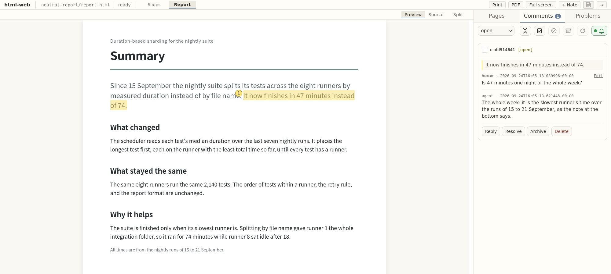 A sentence highlighted on a rendered report page, and the reviewer's question with the agent's answer beside it.