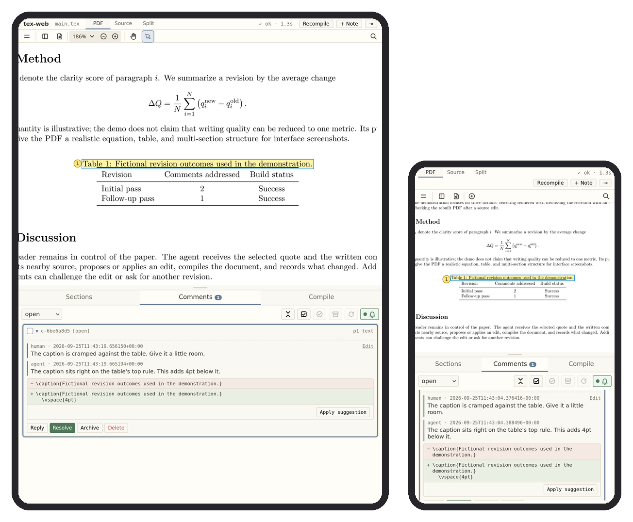 The review page on a tablet and a phone, zoomed to a commented caption: the PDF above, its thread below.