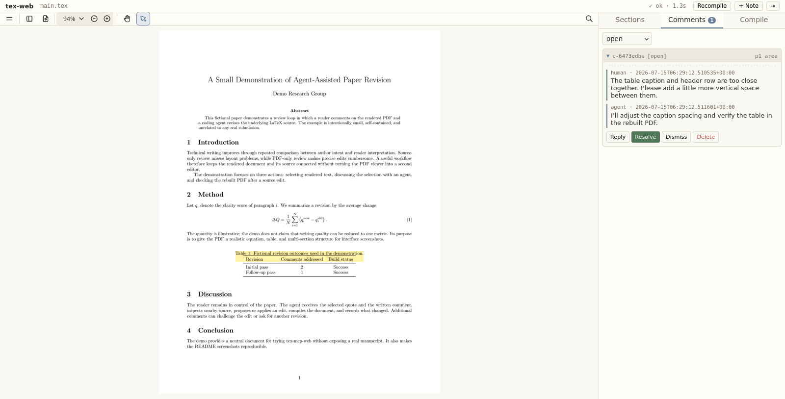 A highlighted PDF comment and an agent reply in tex-mcp-web