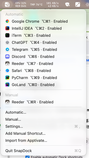SnapDock menu bar menu with automatic and manual shortcuts