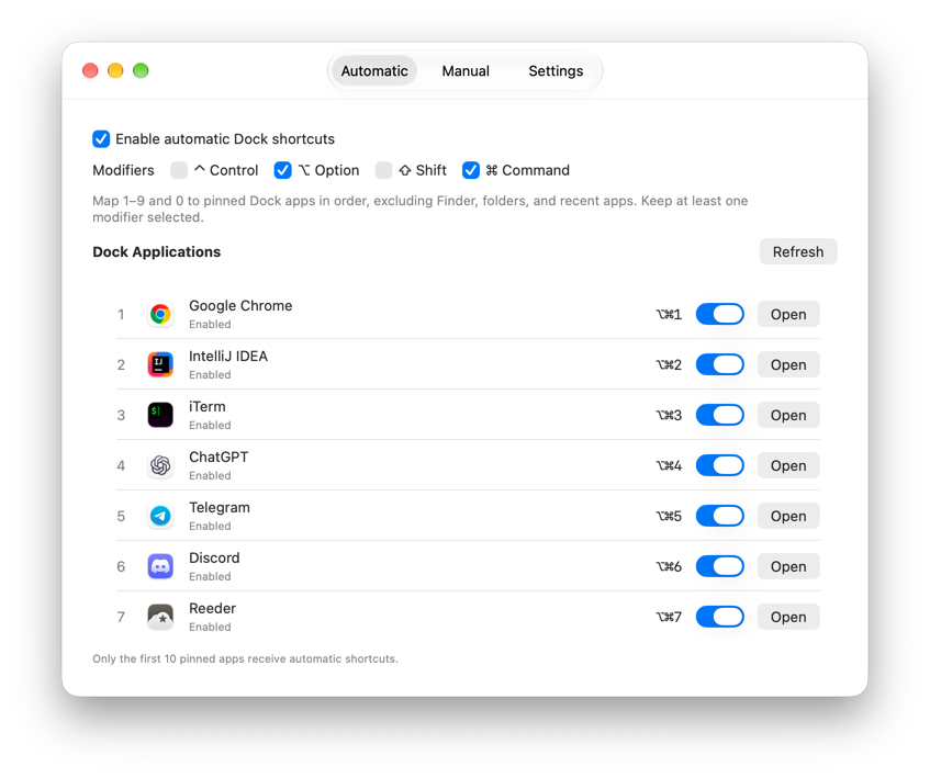SnapDock settings window listing pinned Dock apps and their shortcuts