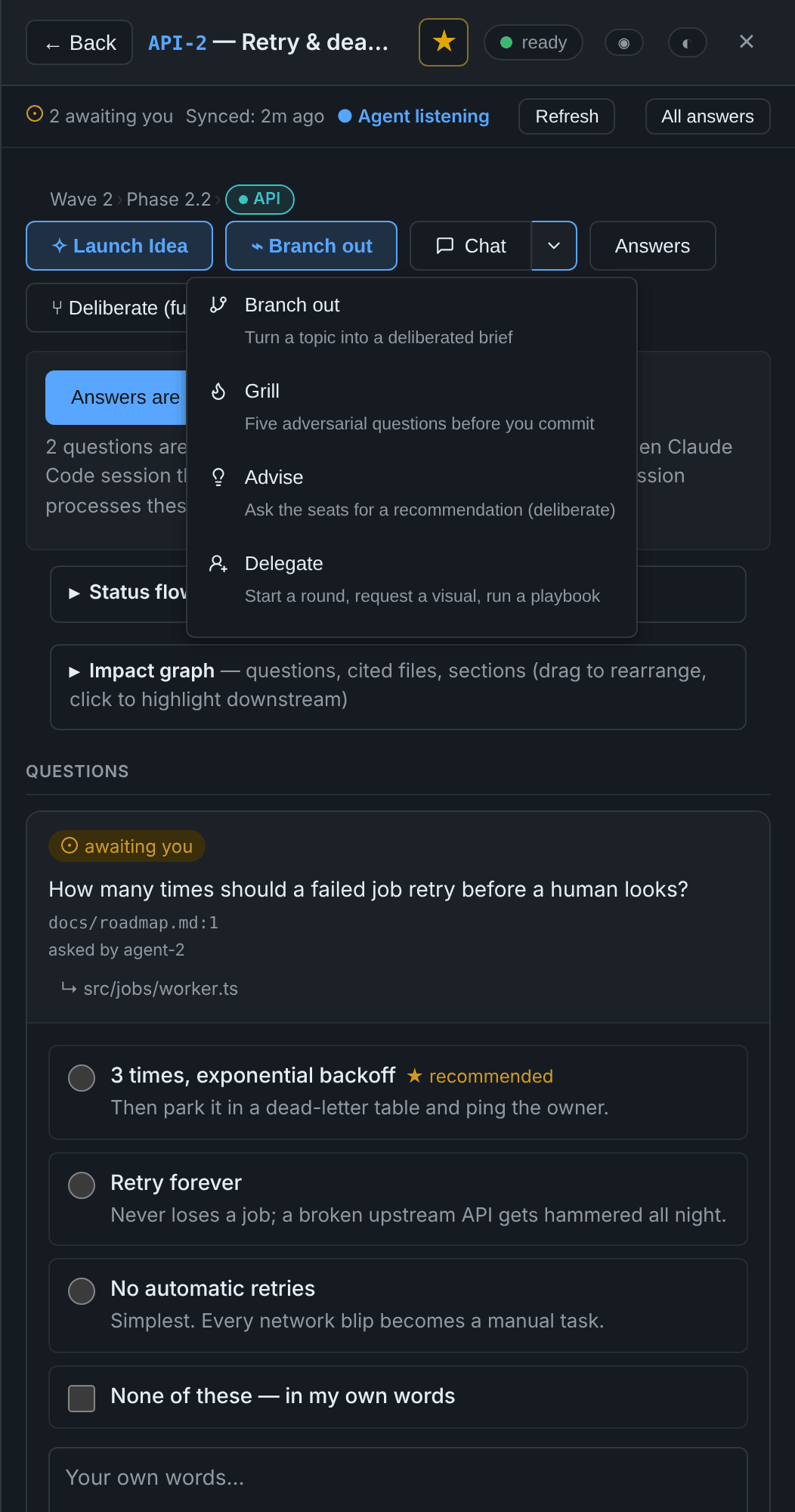 The Chat ▾ menu on an item: Branch out, Grill, Advise, Delegate