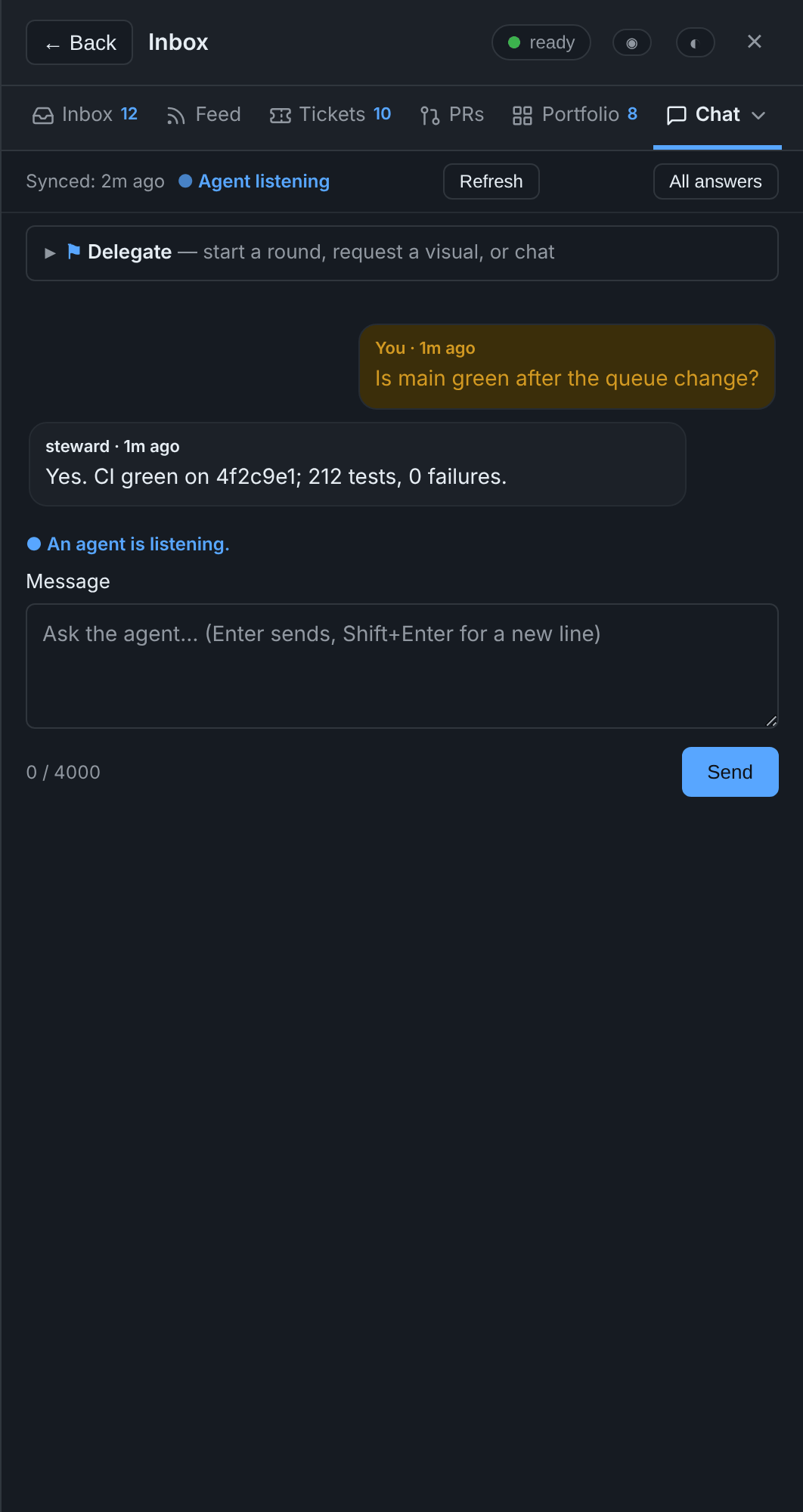 The Chat tab: the owner asks if main is green, the steward answers