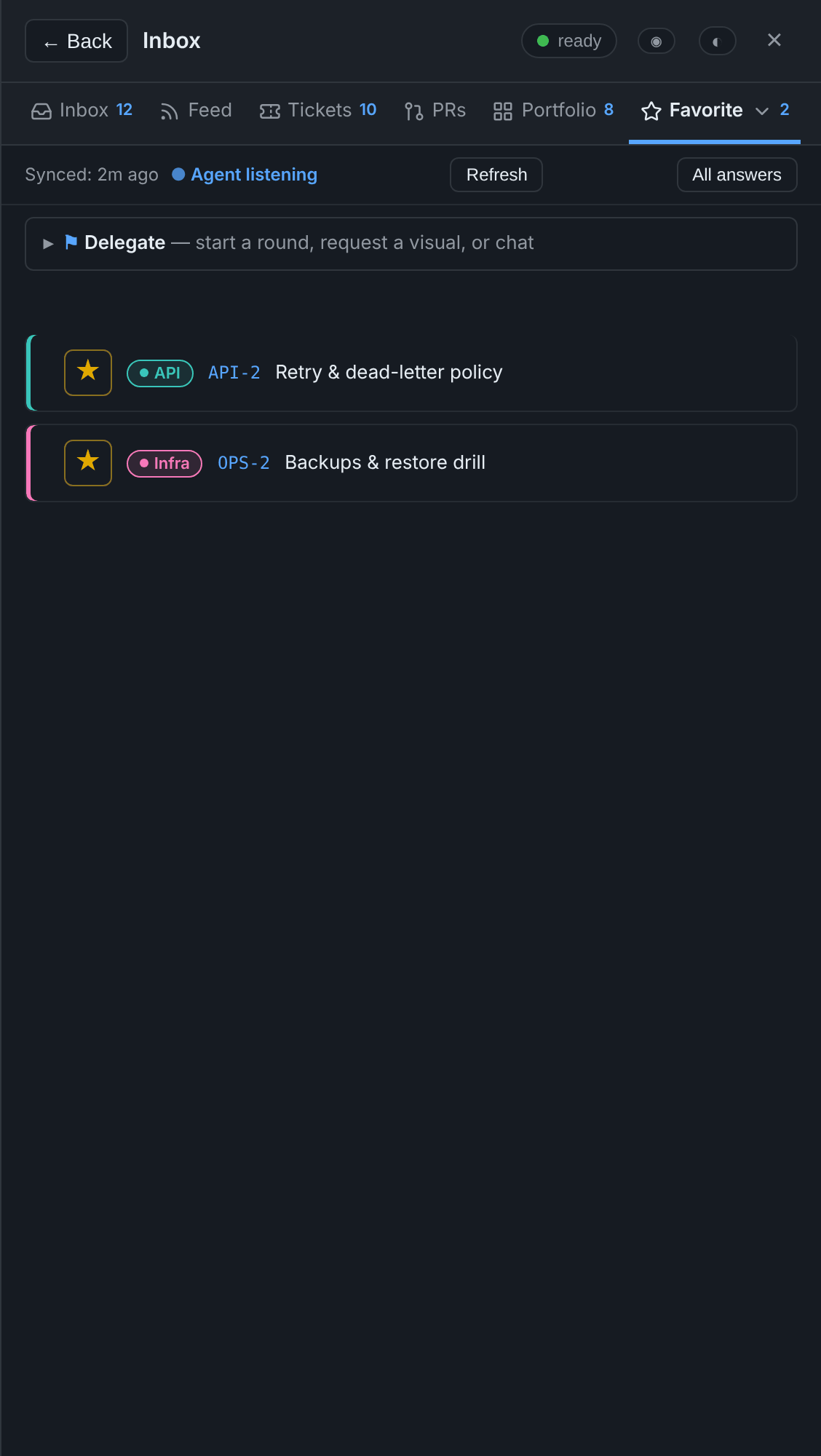 The Favorite tab listing two starred items