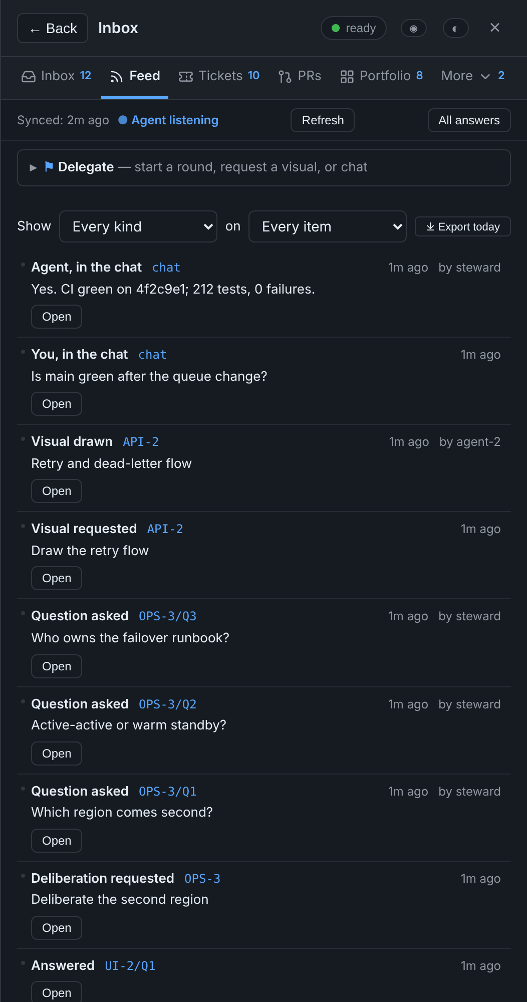 The Feed tab: chat, visuals and questions, newest first, filterable by kind and item