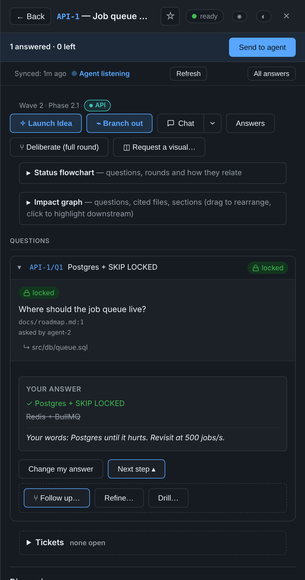 A locked answer with Next step open: Follow up, Refine, Drill