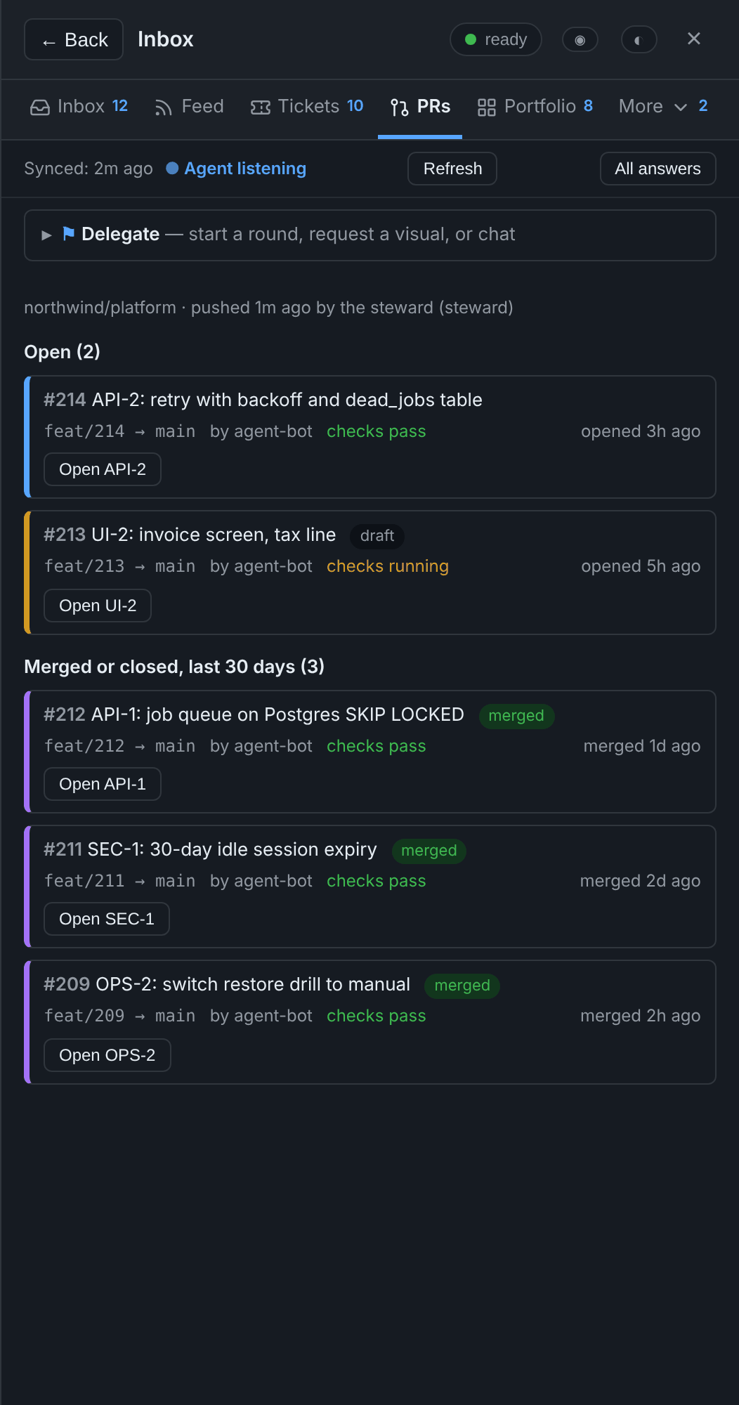 The PRs tab: two open pull requests and three merged, each with checks and an Open button for its item