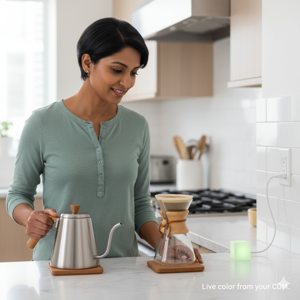 A Sugar Cube glowing green on a bright kitchen counter while someone makes coffee.