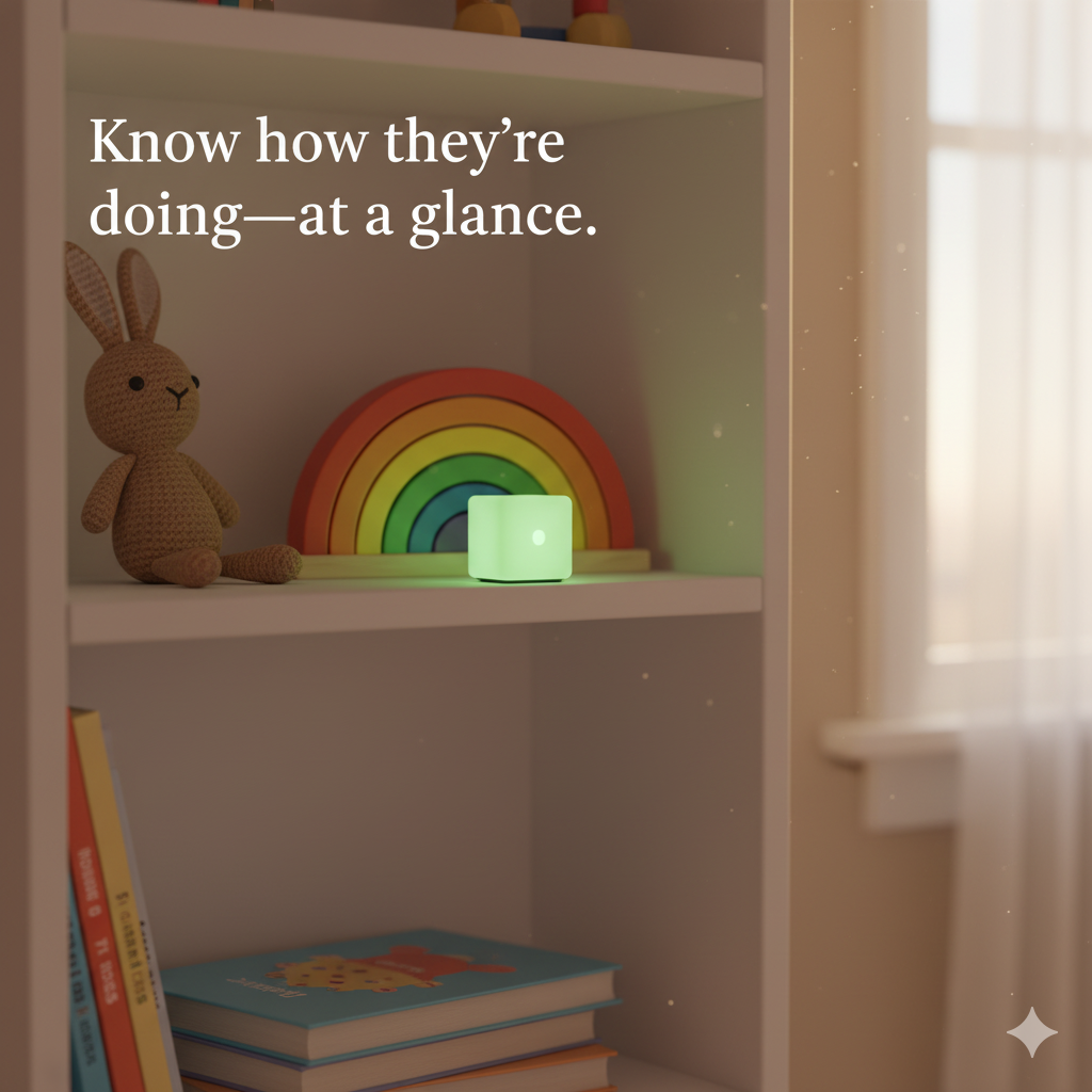 A Sugar Cube glowing soft green on a child's shelf beside a knitted bunny and a wooden rainbow.