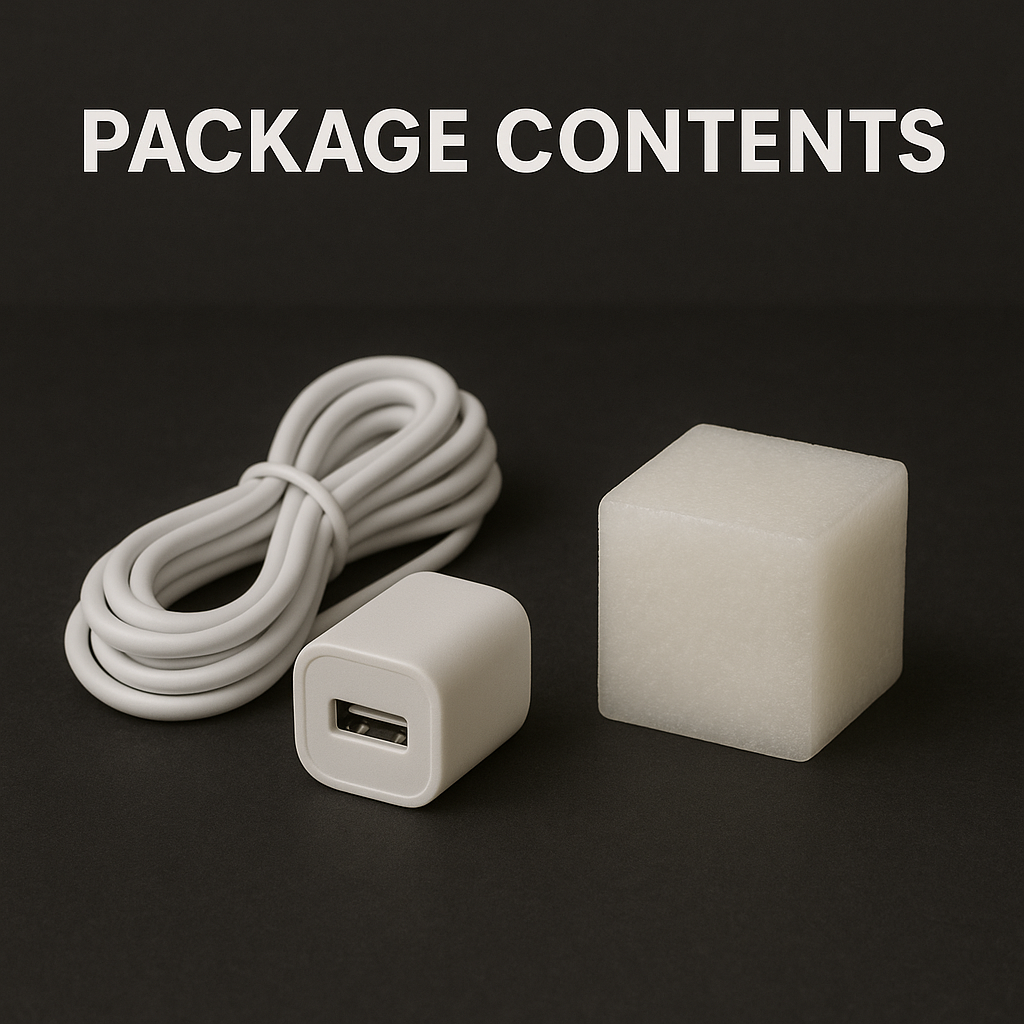 A Sugar Cube kit: a USB cable, a USB power adapter, and the frosted white cube.
