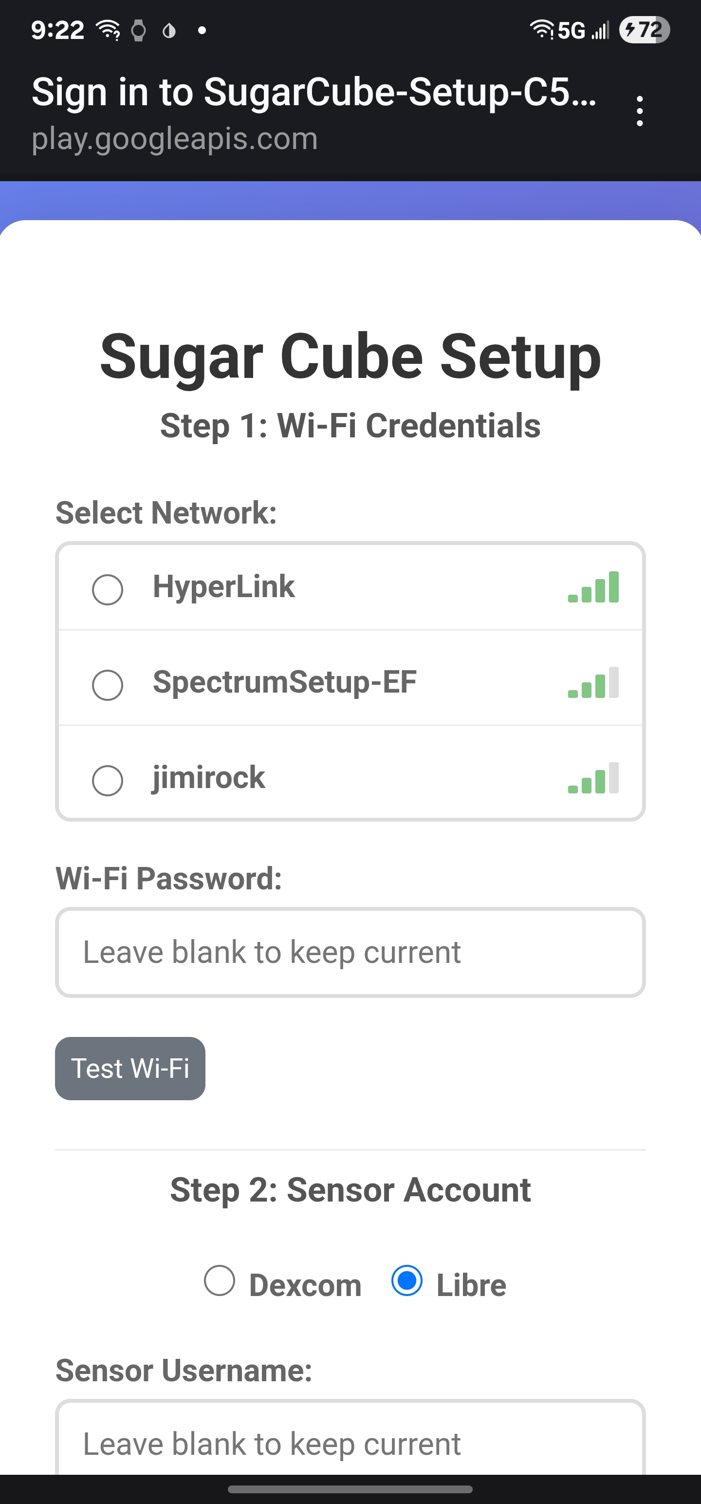 The Sugar Cube setup screen on a phone, choosing a Wi-Fi network.