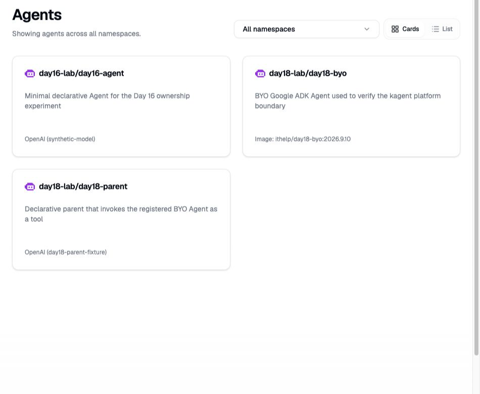 kagent UI 的 Agents 頁面。day18-lab namespace 內同時顯示 BYO Google ADK Agent 與 declarative parent,BYO 卡片標出實際部署的 image。畫面也保留前一天 Lab 的 day16 Agent。