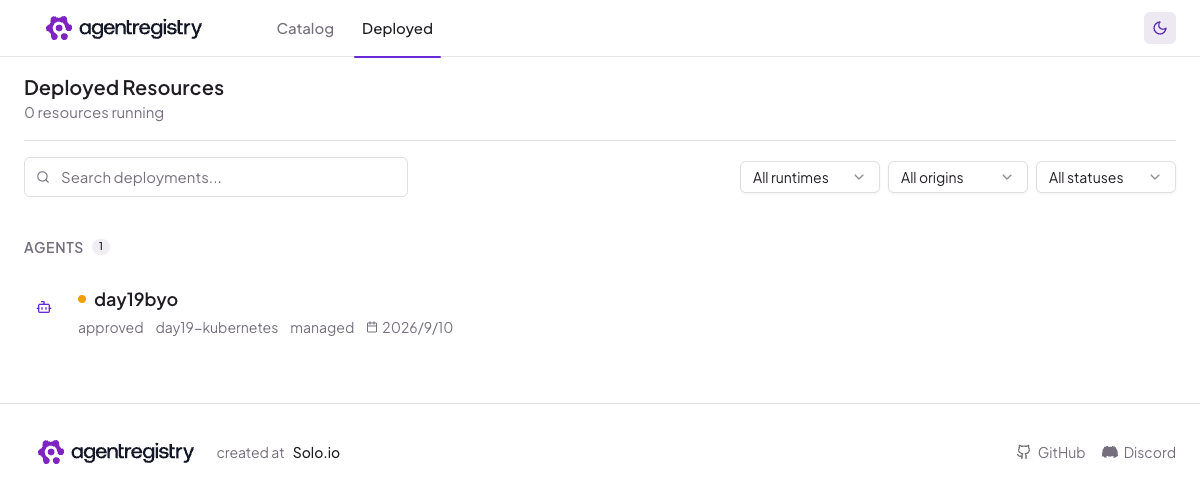 Agent Registry 0.4.0 實際 Deployed 頁面。完成 declarative undeploy 後,頁面顯示 0 resources running,同時保留 day19byo 的 deployment record。