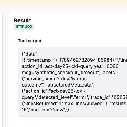 agentgateway 官方 MCP Playground 實跑 query_loki_logs，Tool output 含一筆 Loki log、service_name label，以及 action_id、trace_id structured metadata。