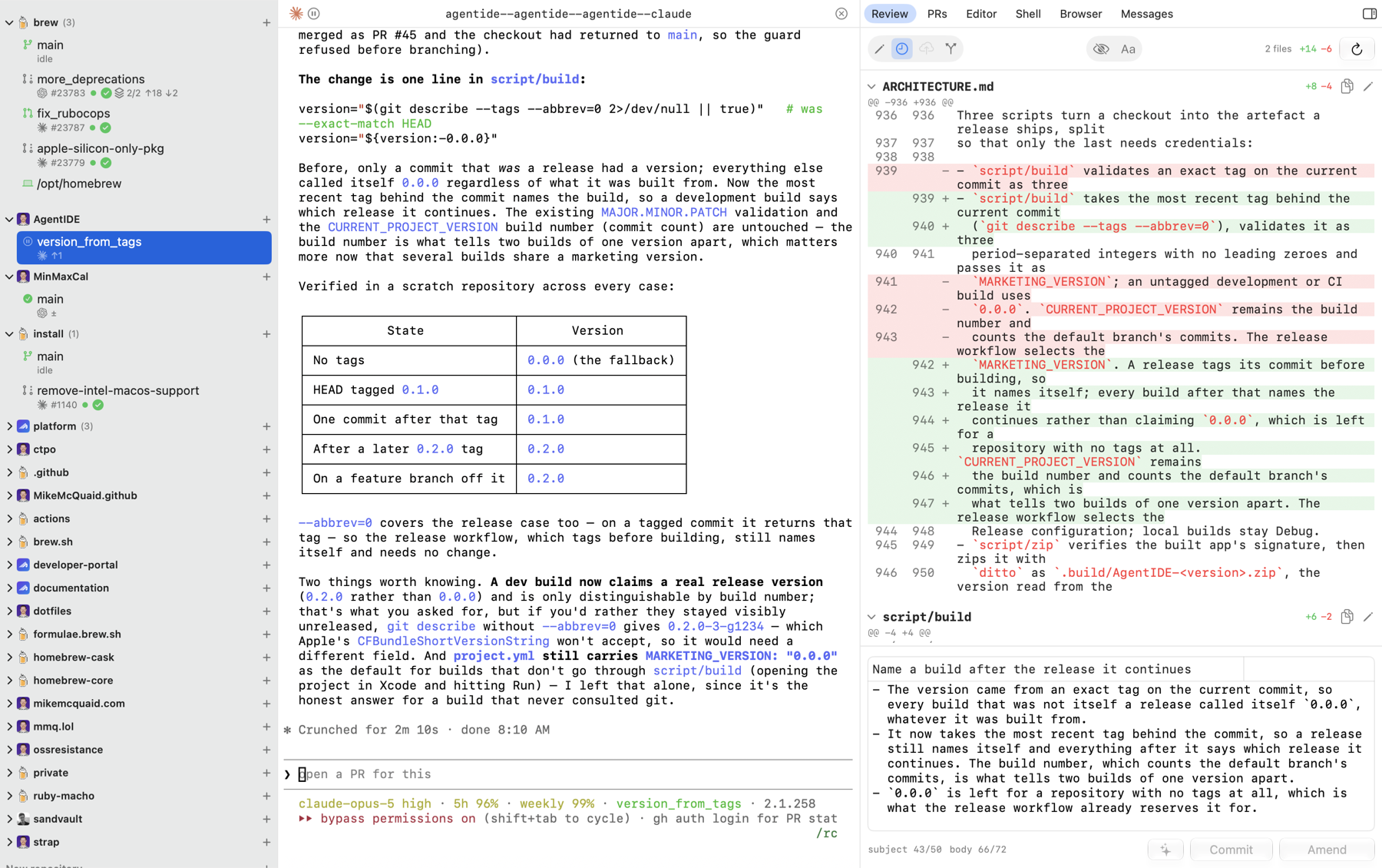 The worktree sidebar, an agent's terminal and its review beside it