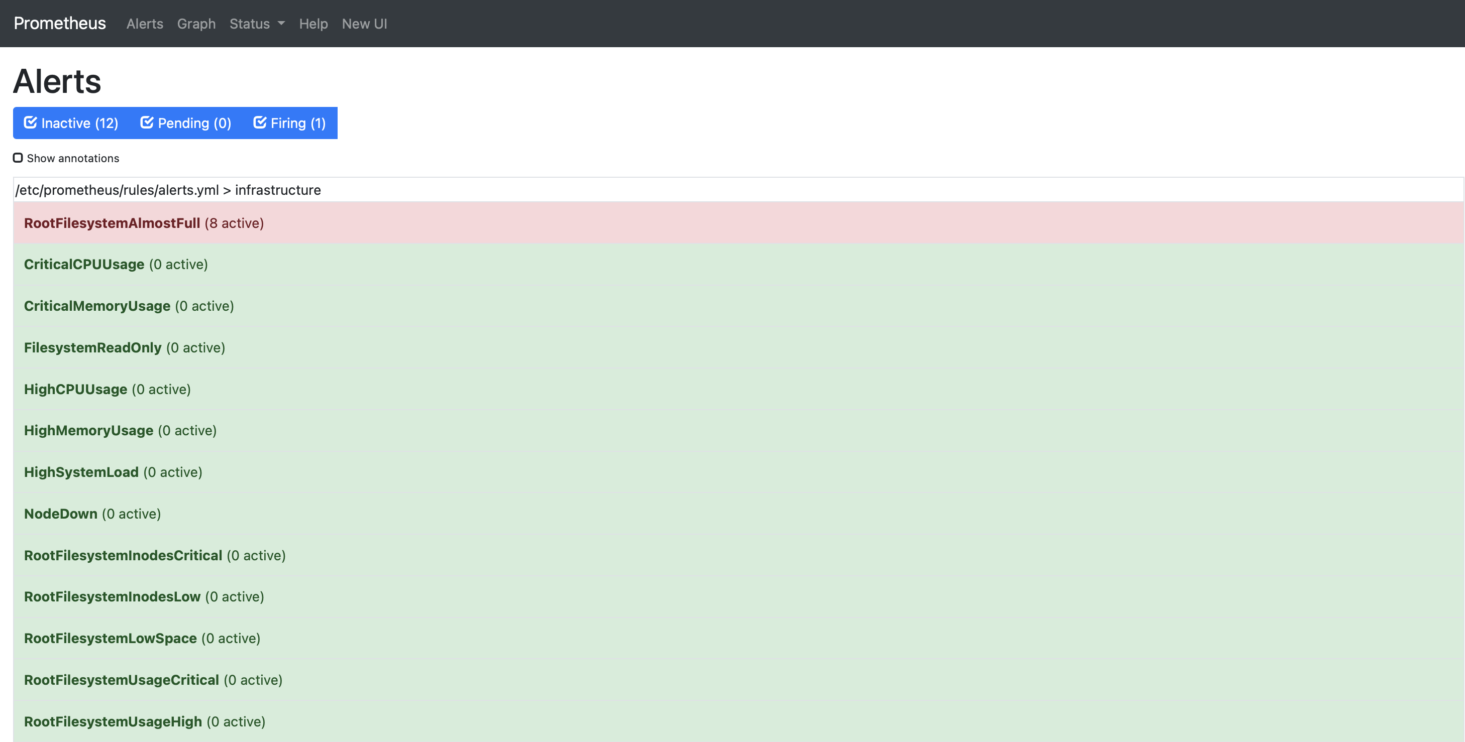 Prometheus alerts page showing infrastructure alerts