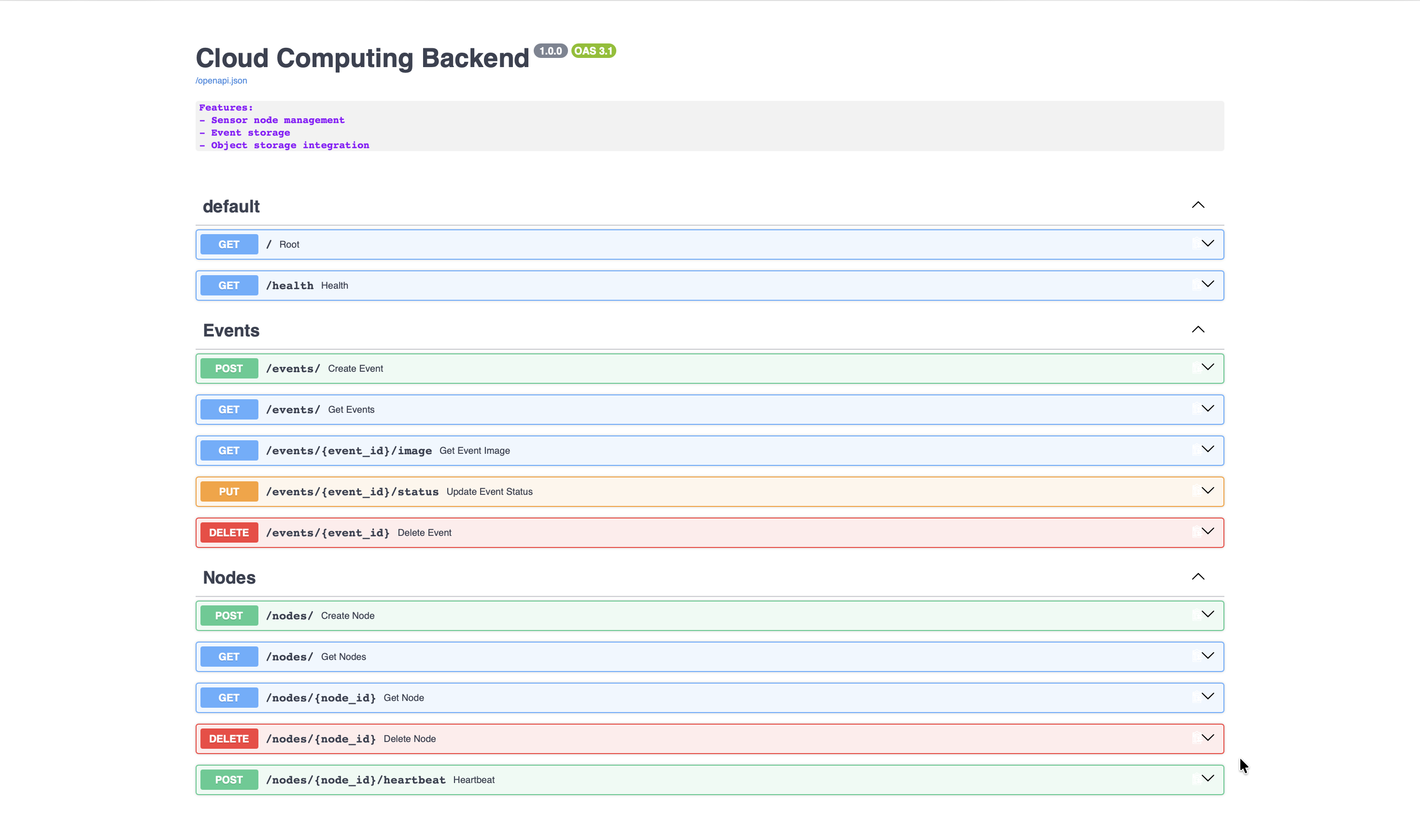 FastAPI Swagger interface showing backend, event and node endpoints
