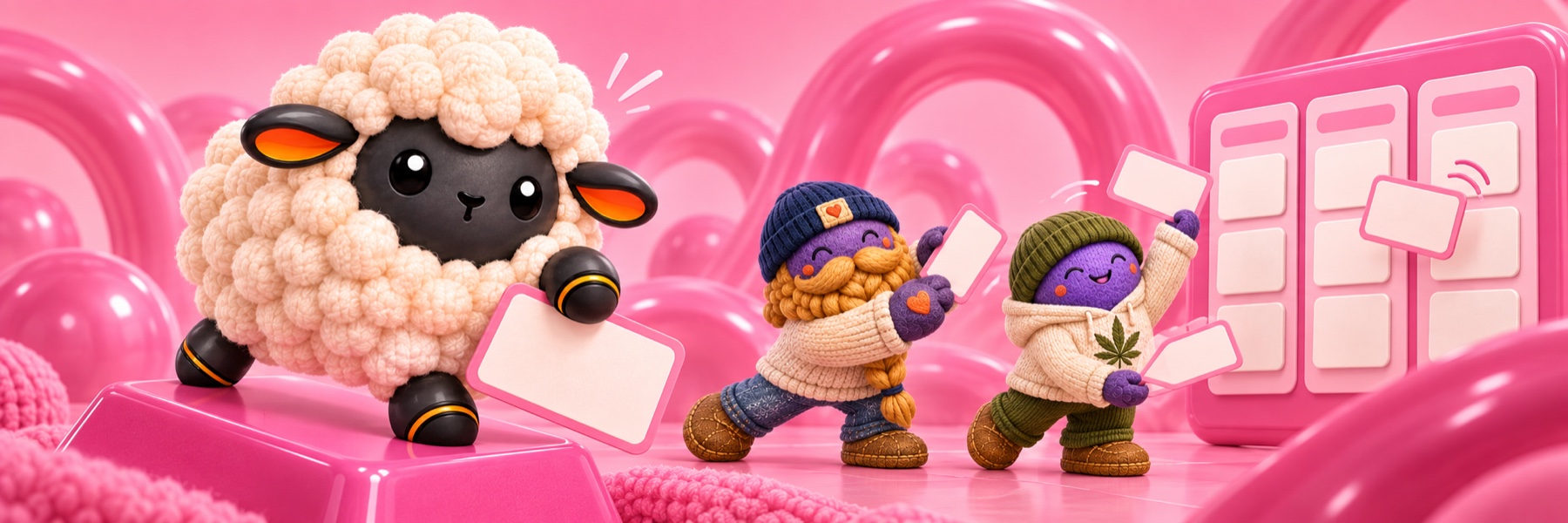 Hex the sheep, Bram, and Rosyn getting things done at a bright pink workbench.
