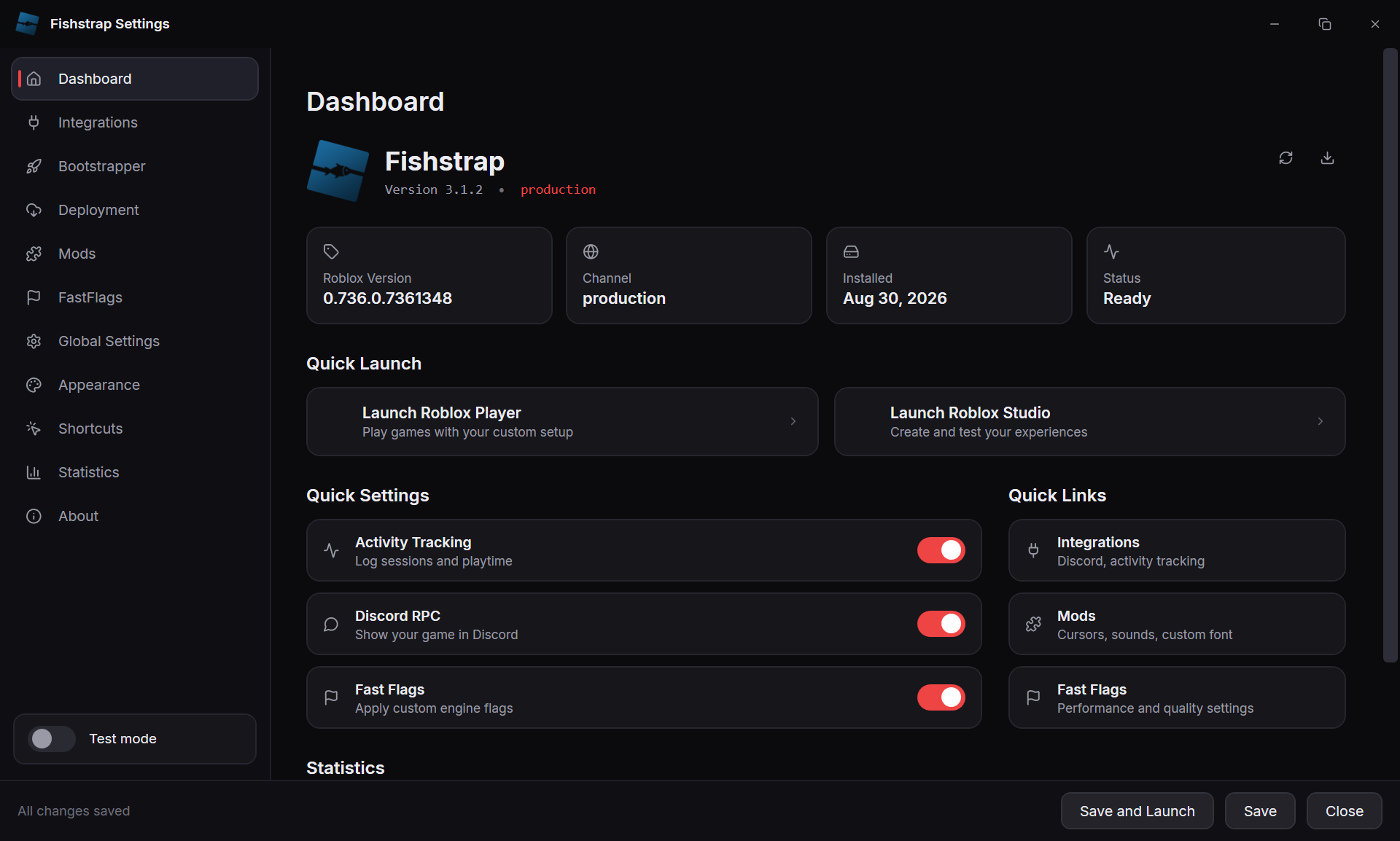 Fishstrap V2 dashboard — quick launch, quick settings and live statistics