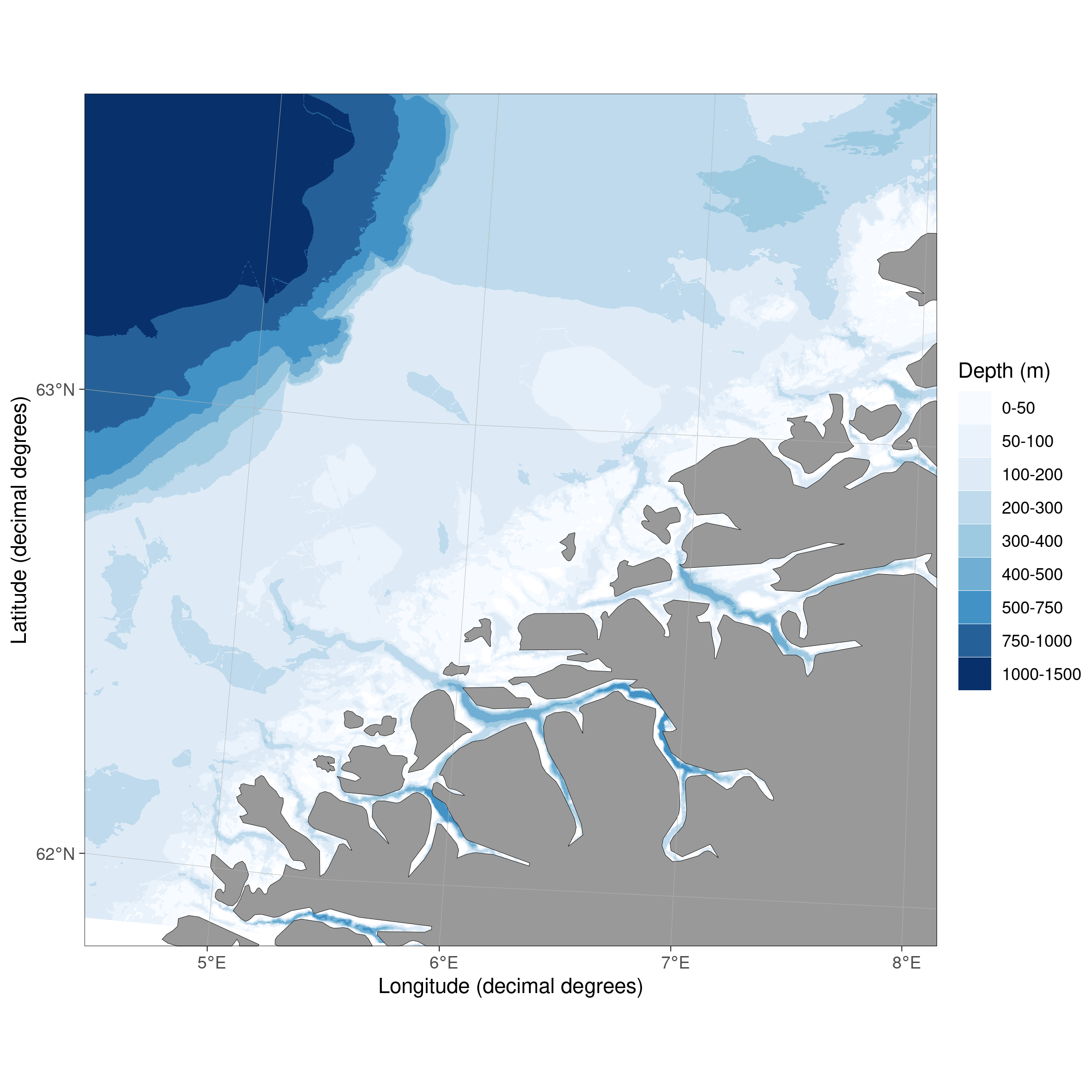 The EMODnet bathymetry is still unfinished. Here a map showing a part of the Norwegian coast around Ålesund for testing. Vectorization of land shapes from bathymetry has not been implemented yet.