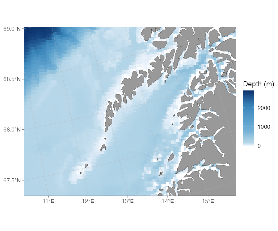 Figure: Continuous raster bathymetry (rcb) off Lofoten, northern Norway.
