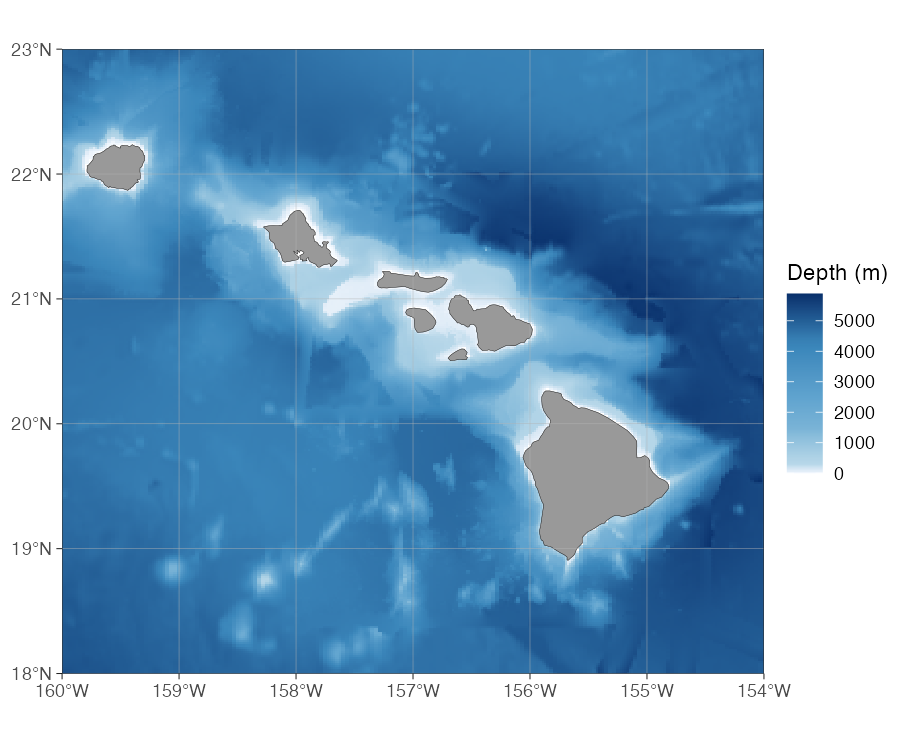 Figure: Global ETOPO1 bathymetry (wceb) around the Hawaiian Islands.