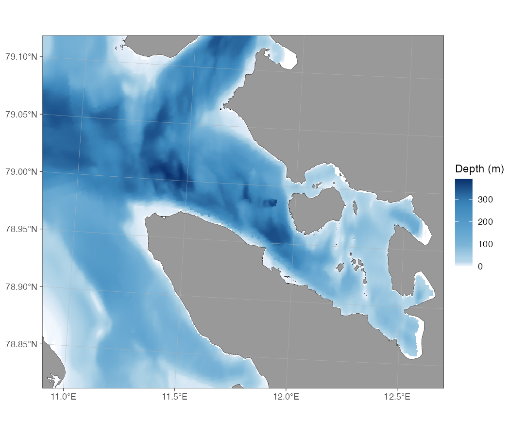 Figure: Kongsfjorden, Svalbard, with ~115 m EMODnet bathymetry and the detailed Svalbard land shapes.