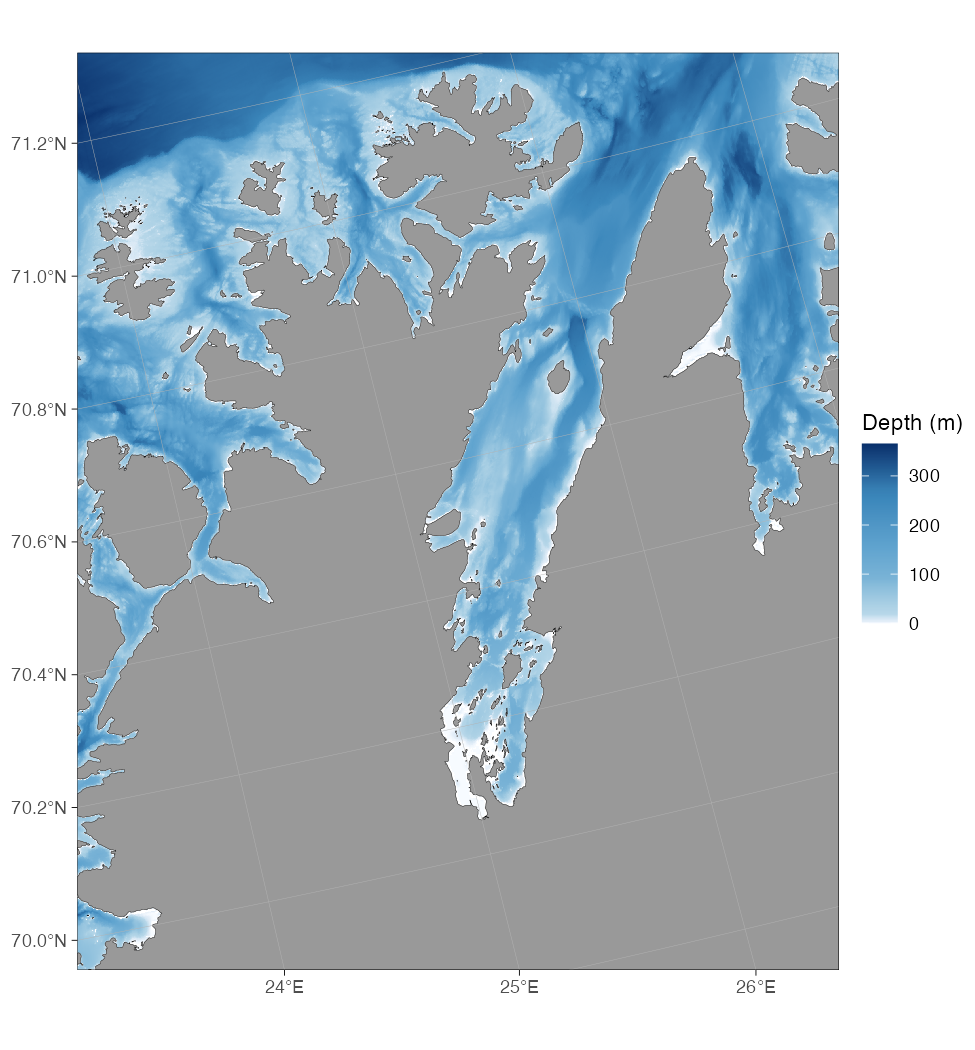 Figure: Porsangerfjorden, northern Norway, with ~115 m EMODnet bathymetry and the EMODnet “Europe” land shapes.