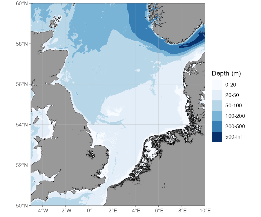 Figure: Land and bathymetry vectorised from a GEBCO raster, North Sea.