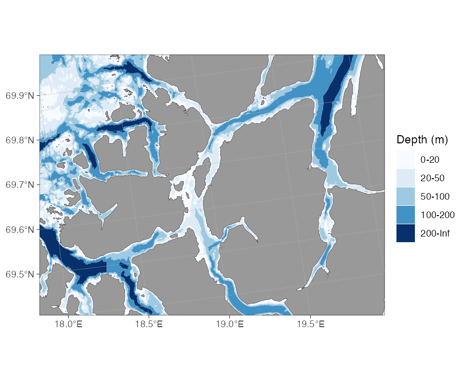 Figure: Bathymetry fetched live from EMODnet around Tromsø, vectorised and paired with the premade Europe land set.