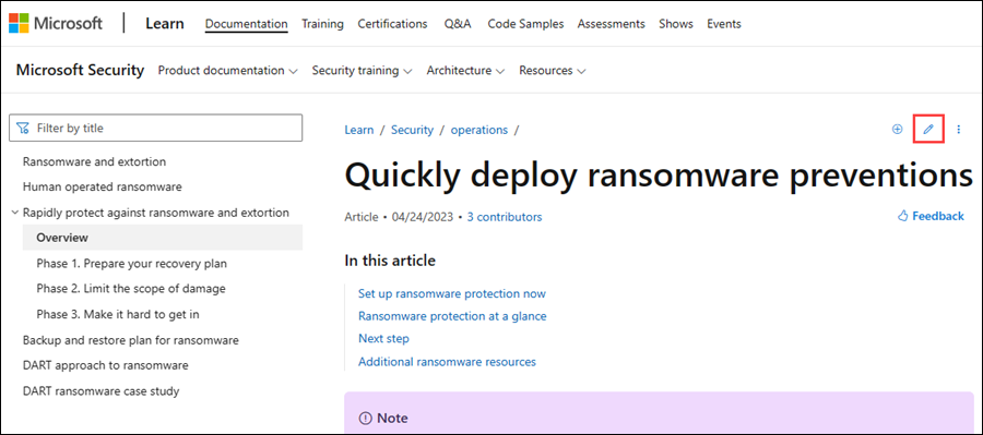Edit this document button on a learn.microsoft.com article.