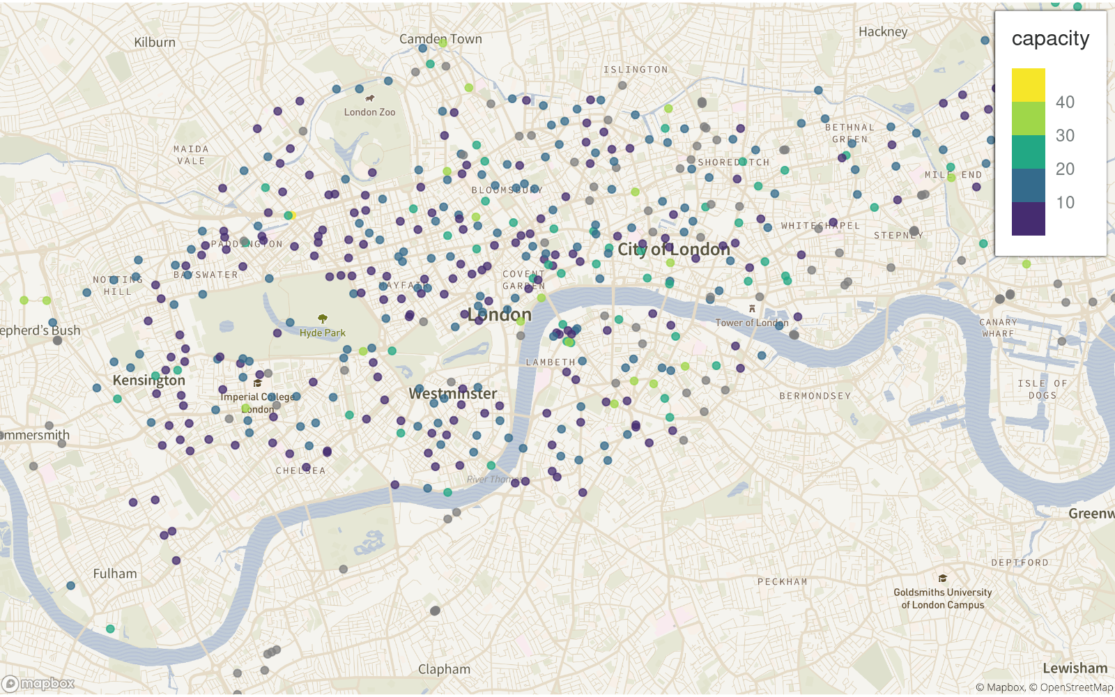 Bike share capacity, London. Via {spData}