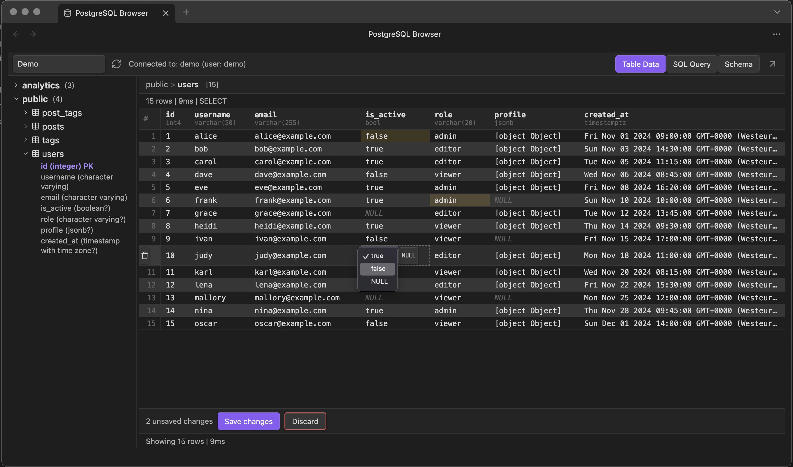 Inline editing with pending changes
