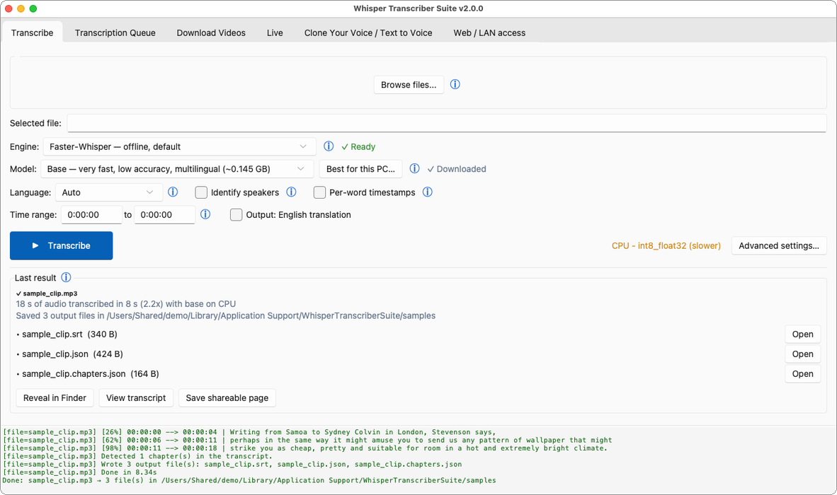 The Transcribe tab: a drop target, language and accuracy pickers, speaker-label and word-timestamp options