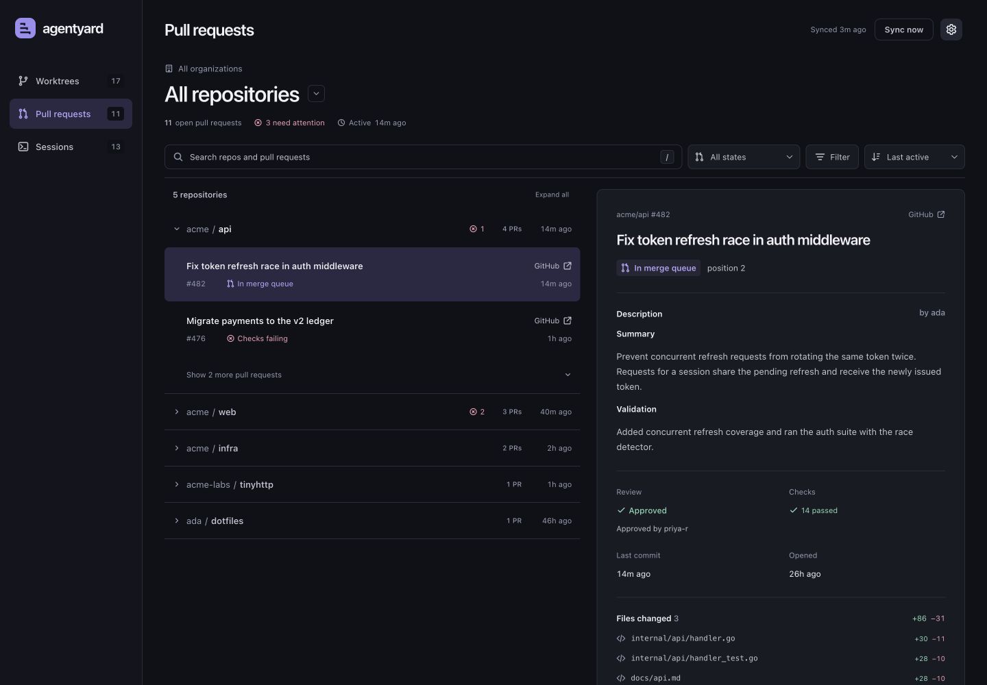 Pull request overview in dark mode, using synthetic data
