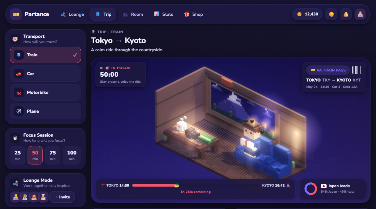 Partance, Tokyo to Kyoto train trip, dark theme