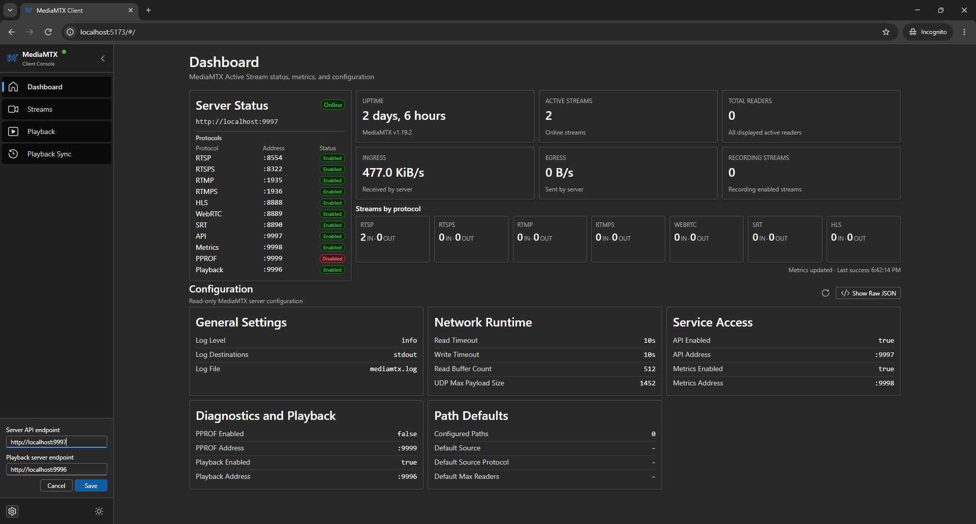 Server dashboard with API status, protocol listeners, metrics, and configuration summary