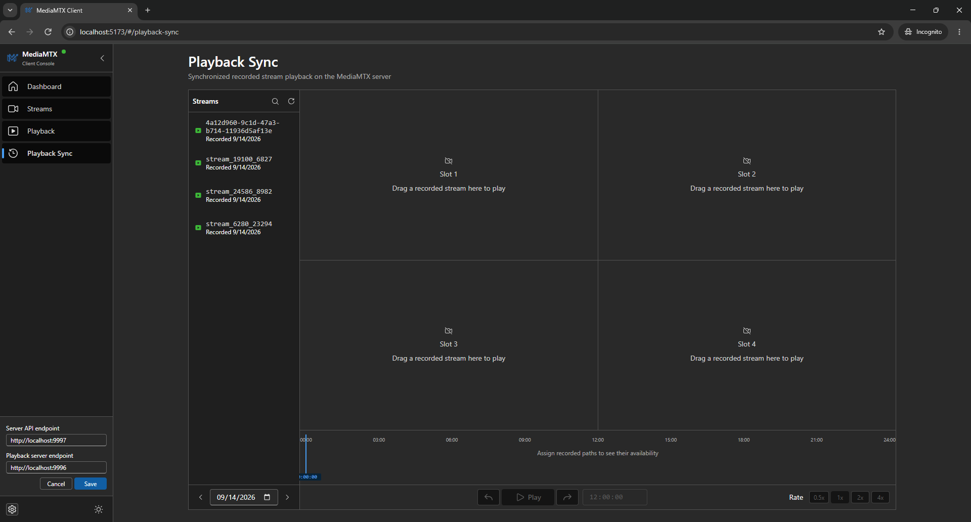 Synchronized multi-stream playback with multi-slot grid, shared timeline, and recording catalog