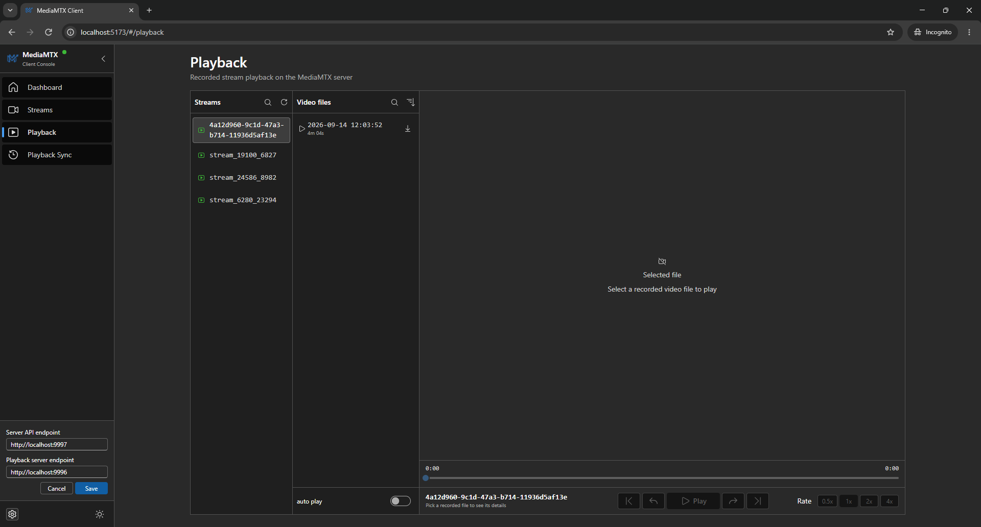 Recorded file playback with stream selection, file list, playback controls, and download options